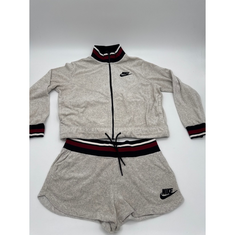 Nike Womens Terry Cloth Tracksuit Set Grey Striped Zip Jacket and Shorts Medium